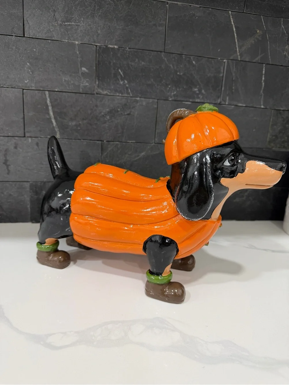 Orange Pumpkin Dachshund Dog Figurine - Decorative Pet Accent